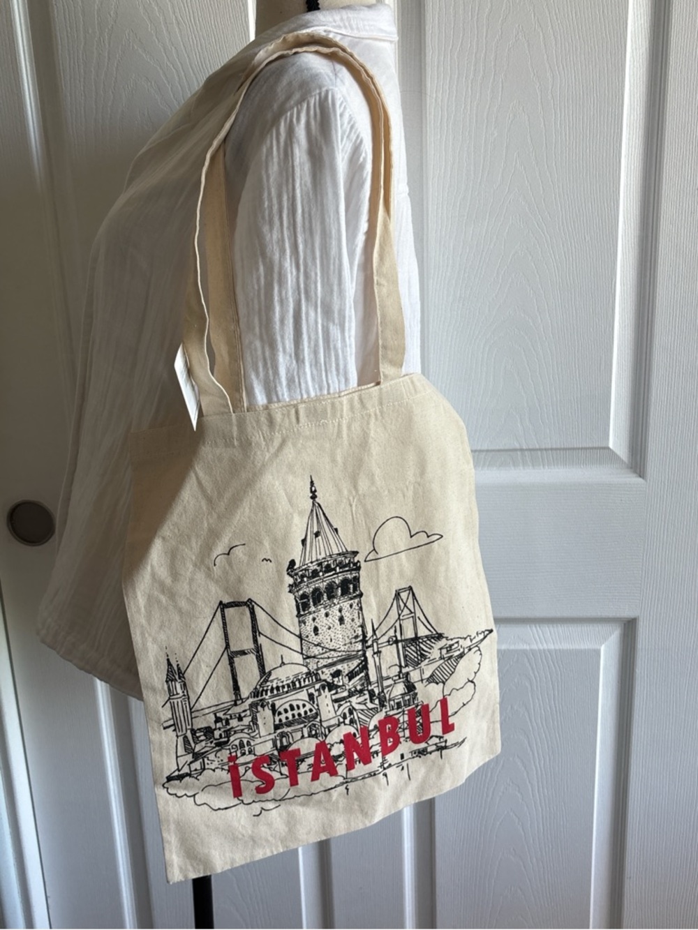 Canvas Istanbul Tote Bag in Natural with Red Print